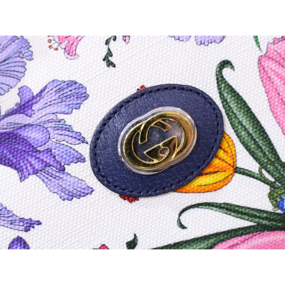 GUCCI Flora Flower Bag Canvas Leather Floral White Navy Blue Multicolor - Picture 9 of 9